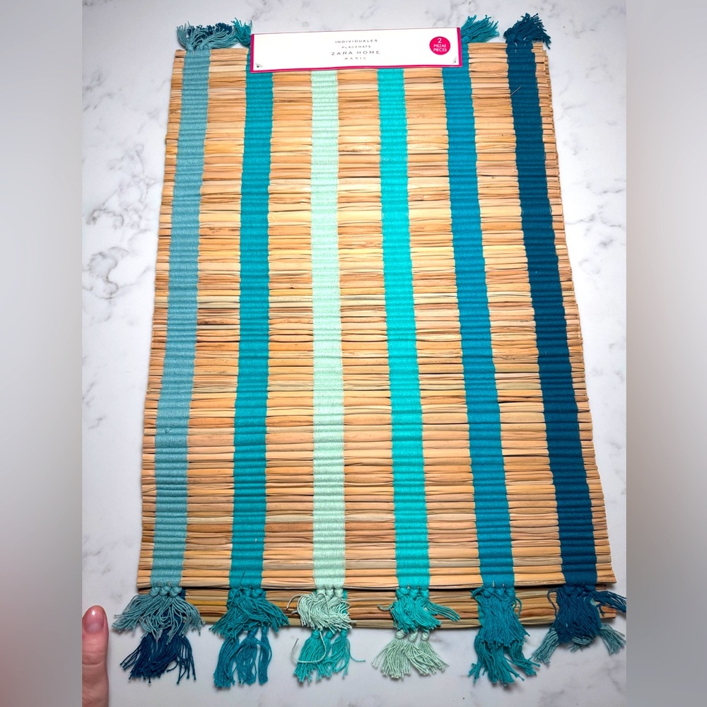 NWT Zara Home Raffia Blue Striped Tassel Placemat S/2